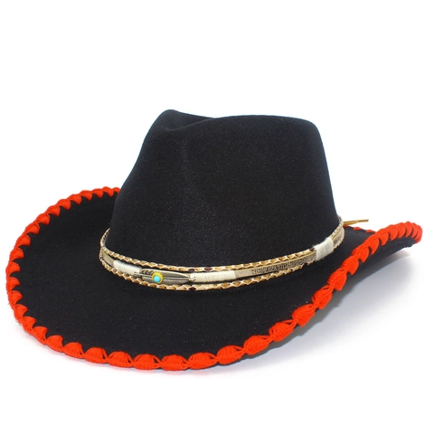 Cappello da Cowboy Occidentale per Donna in Lana Tesa Larga Fedora Con Piuma Fascia con Perline Turchesi Etnico Cuciture a Contrasto Boho Cappello da Sole