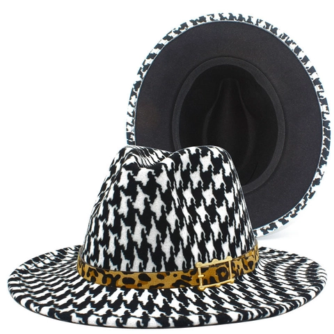 Chapeau Fedora Style Britannique Vintage Pied-de-poule Ceinture Léopard Boucle en Métal Large Bord Chapeau Jazz Mode