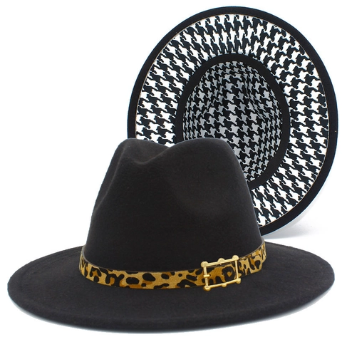 Chapeau Fedora Style Britannique Vintage Pied-de-poule Ceinture Léopard Boucle en Métal Large Bord Chapeau Jazz Mode