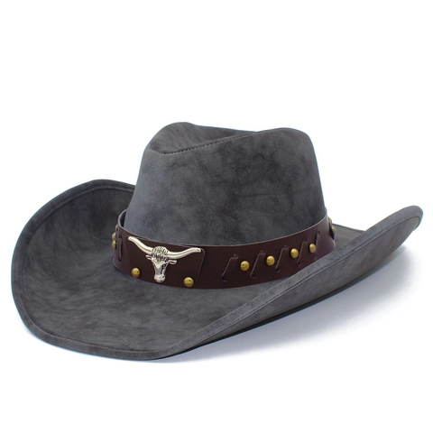 Western Cowboy Hat Retro PU Suede Wide Brim Hat With Bull Head Metal Decor Rivet Band Men Women Outdoor Sun Hat