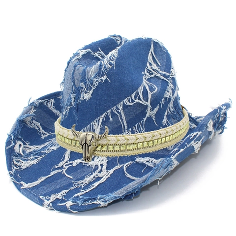Cappello da Cowboy Western in Denim Effetto Usato Con Rivetti in Metallo Teschio di Toro e Nappe Sfilacciate Fedora da Sole per Adulti