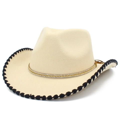 Western Cowboy Hat For Women Men Wide Brim Fedora With Gold Rhinestone Chain Band Vintage Wool Felt Sun Hat For Outdoor