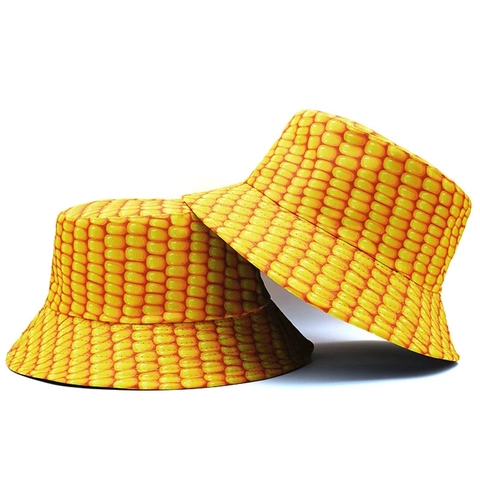 Funny Realistic Corn Pattern Reversible Bucket Hat Foldable Cotton Sun Protection Outdoor Fisherman Cap For Women Men