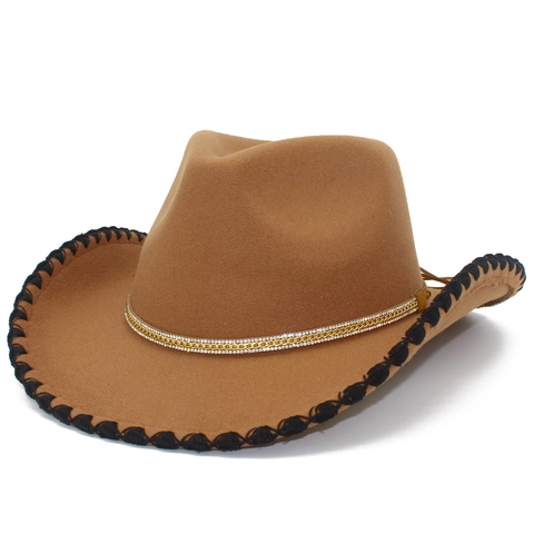Western Cowboy Hat For Women Men Wide Brim Fedora With Gold Rhinestone Chain Band Vintage Wool Felt Sun Hat For Outdoor