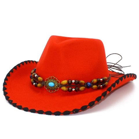 Chapeau de Cow-boy Occidental Style Ethnique Large Bord Bande Perlée Turquoise Mélange de Laine Chapeau de Soleil Voyage
