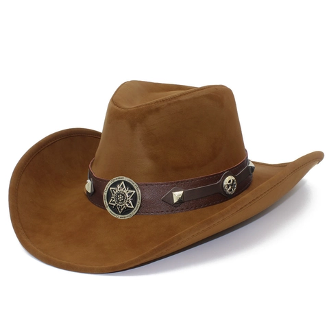 Vintage Western Cowboy Hat For Men Women PU Leather Wide Brim Fedora Hat With Star Rivets Metal Badge Outdoor Sun Hat