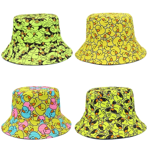 Unisex Cartoon Little Yellow Duck Print Cotton Bucket Hat Double Sided Reversible Sun Protection Fisherman Cap Outdoor Travel Beach Hat