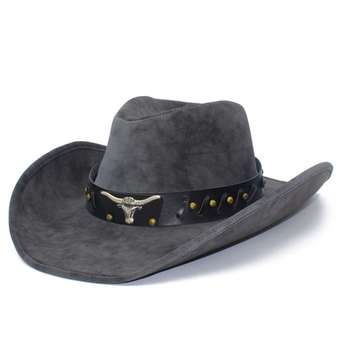 Western Cowboy Hat PU Leather Bull Head Decor Wide Brim Retro Jazz Hat For Unisex Outdoor Traveling Fashion Accessories
