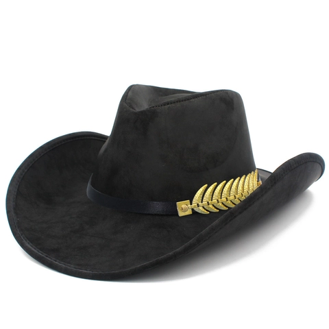 Vintage Western Cowboy Hat For Men Women Wide Brim Faux Suede PU Leather Fedora With Gold Feather Metal Charm Fashion Sun Hat