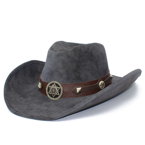 Vintage Western Cowboy Hat For Men Women PU Leather Wide Brim Fedora Hat With Star Rivets Metal Badge Outdoor Sun Hat