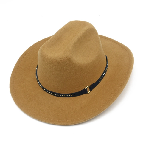 Classic Western Cowboy Fedora Hat For Men Women Cotton Polyester Blend Wool Felt Wide Brim Jazz Hat With Rivet Belt Band