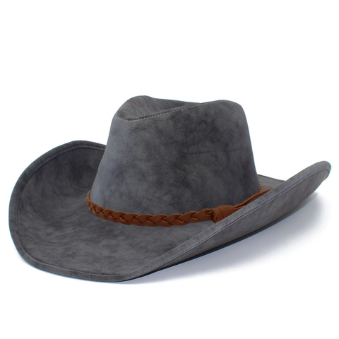 Sombrero de Vaquero Western Vintage Cuero PU Gamuza Sintética Banda Trenzada Borla Ala Larga Fedora Jazz Unisex