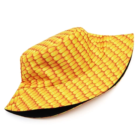 Funny Realistic Corn Pattern Reversible Bucket Hat Foldable Cotton Sun Protection Outdoor Fisherman Cap For Women Men