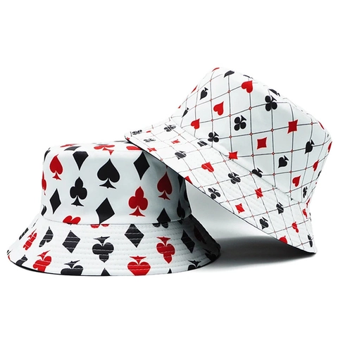 Beidseitig Tragbarer Baumwolle Anglerhut Mit Pokermuster Für Herren Damen Faltbar Bedruckt Sonnenschutz Fischerhut Kreativer Lustiger Outdoor Sonnenhut