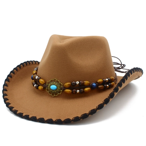 Chapeau de Cow-boy Occidental Style Ethnique Large Bord Bande Perlée Turquoise Mélange de Laine Chapeau de Soleil Voyage