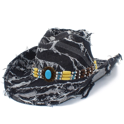 Cappello da Cowboy Western Vintage per Uomo Donna Denim Logoro Cappello da Sole Con Perline Etniche Fascia Turchese Tesa Larga Bordo Sfilacciato Cappello da Spiaggia