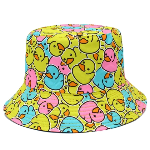 Unisex Cartoon Little Yellow Duck Print Cotton Bucket Hat Double Sided Reversible Sun Protection Fisherman Cap Outdoor Travel Beach Hat