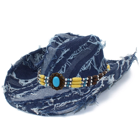 Cappello da Cowboy Western Vintage per Uomo Donna Denim Logoro Cappello da Sole Con Perline Etniche Fascia Turchese Tesa Larga Bordo Sfilacciato Cappello da Spiaggia