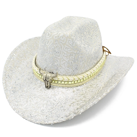 Cappello da Cowboy con Paillettes Western Decorazione Teschio di Mucca in Metallo per Uomo Donna Festa Performance Shiny Fedora Jazz Hat