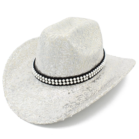 Sombrero de Vaquero Occidental con Lentejuelas Brillantes Con Banda de Perlas Artificiales de Imitación Para Hombre Mujer Sombrero Fedora