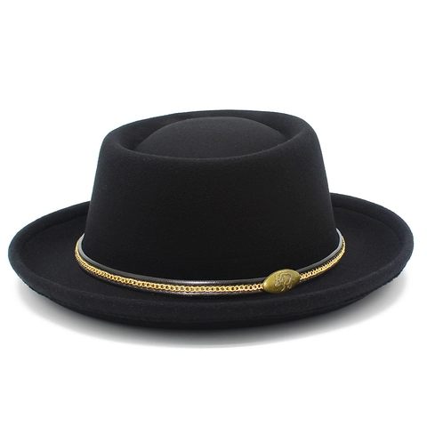 Cappello Fedora in Lana Retrò Con Decorazione a Catena Distintivo Metallo Pork Pie Cappello a Cima Piatta per Uomo Donna Autunno Inverno Jazz