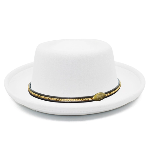 Cappello Fedora in Lana Retrò Con Decorazione a Catena Distintivo Metallo Pork Pie Cappello a Cima Piatta per Uomo Donna Autunno Inverno Jazz