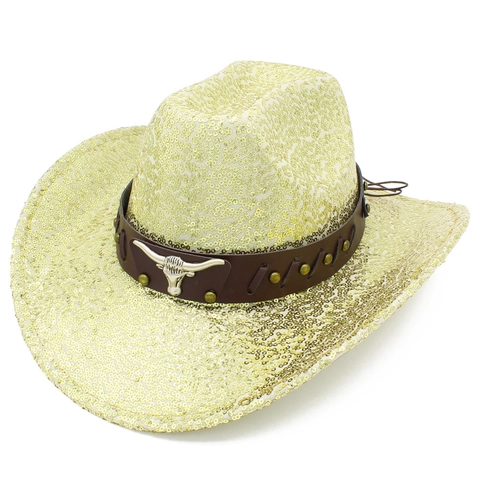 Western Cowboy Hat Shiny Sequin Decorative Fedora Hat With Metal Bull Head Rivets Leather Strap Party Stage Performance Jazz Hat
