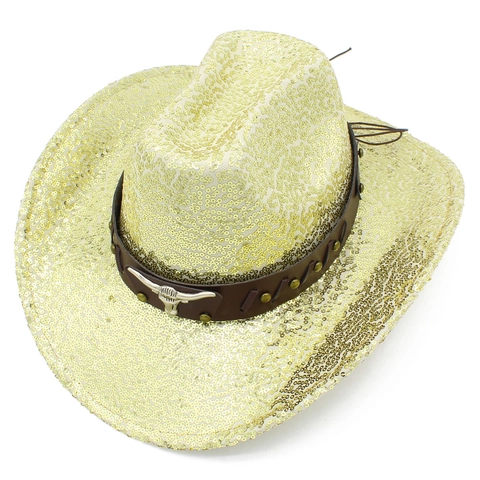 Western Cowboy Hat Shiny Sequin Decorative Fedora Hat With Metal Bull Head Rivets Leather Strap Party Stage Performance Jazz Hat