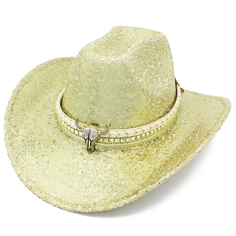 Cappello da Cowboy con Paillettes Western Decorazione Teschio di Mucca in Metallo per Uomo Donna Festa Performance Shiny Fedora Jazz Hat