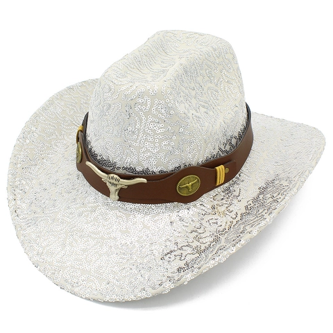 Chapeau De Cowboy À Paillettes Brillantes Style Occidental Avec Décoration En Métal Tête De Taureau Chapeau De Cowgirl Scintillant Pour Spectacle De Scène