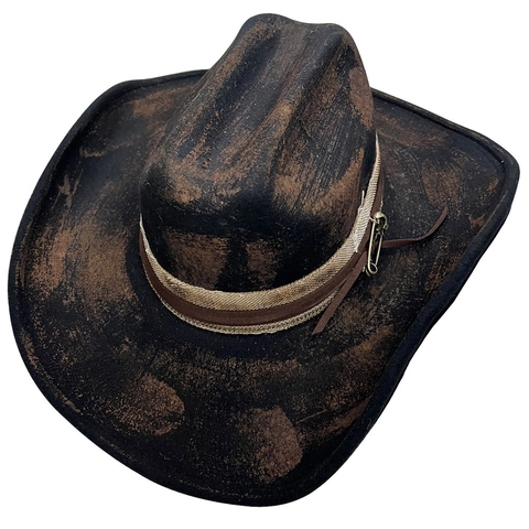Vintage Distressed Western Cowboy Hat Polyester Felt Fedora Hat With Safety Pin Decoration Wide Brim Jazz Hat For Unisex