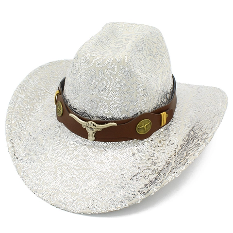 Chapeau De Cowboy À Paillettes Brillantes Style Occidental Avec Décoration En Métal Tête De Taureau Chapeau De Cowgirl Scintillant Pour Spectacle De Scène