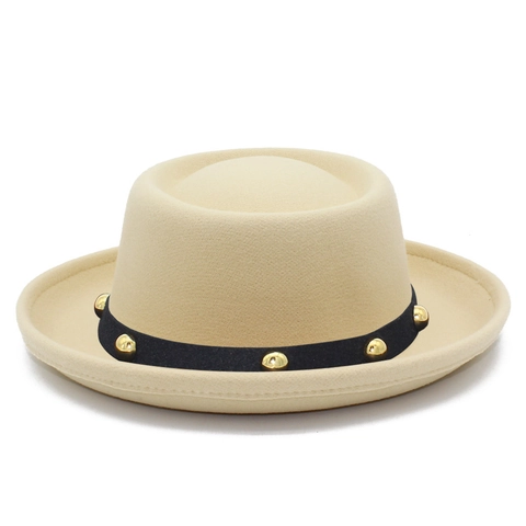 Vintage Pork Pie Hat For Men Women Cotton Blend Fedora Hat With Gold Rivet Black Band British Style Flat Top Felt Hat