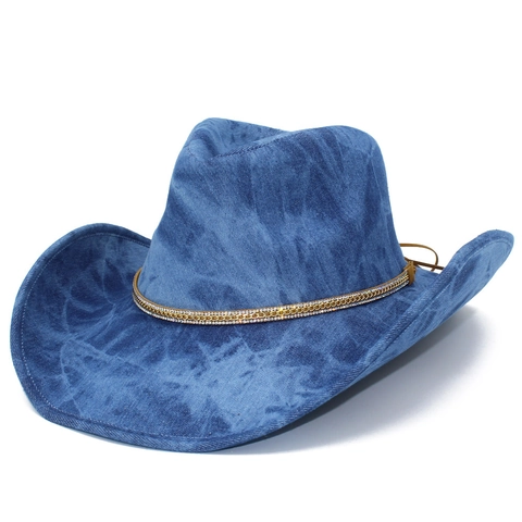 Western Cowboy Hat For Women Men Washed Denim Fabric Wide Brim Fedora Hat With Rhinestone Gold Chain Decoration Outdoor