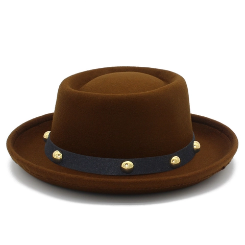 Vintage Pork Pie Hat For Men Women Cotton Blend Fedora Hat With Gold Rivet Black Band British Style Flat Top Felt Hat