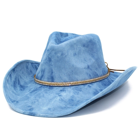 Western Cowboy Hat For Women Men Washed Denim Fabric Wide Brim Fedora Hat With Rhinestone Gold Chain Decoration Outdoor