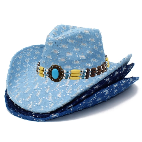 Cappello da Cowboy in Denim Vintage Distressed per Uomo Donna con Paillettes Fedora con Fascia Etnica in Perline Turchese