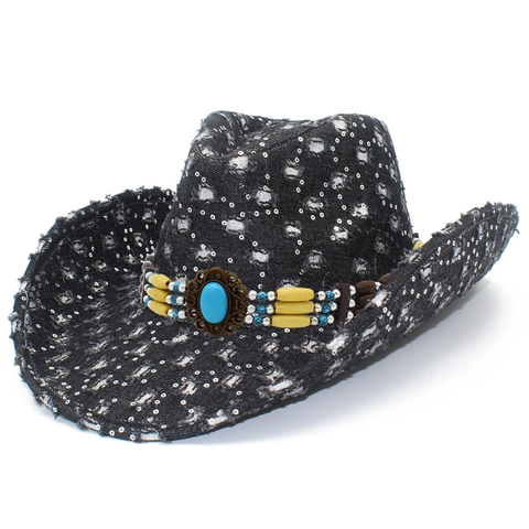 Cappello da Cowboy in Denim Vintage Distressed per Uomo Donna con Paillettes Fedora con Fascia Etnica in Perline Turchese
