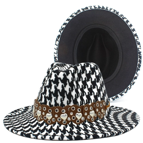 Women Vintage Houndstooth Fedora Hat With Heart Rivet Leather Belt Punk Street Style Jazz Hat For Party Daily Travel