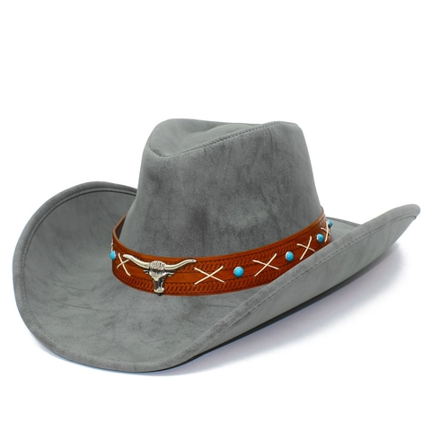 Vintage Western Cowboy Hat Wide Brim Faux Suede Felt Fedora With Bull Head Leather Band For Women Men Outdoor Sun Hat