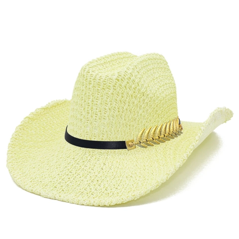 Lightweight Hollow Woven Paper Straw Cowboy Hat Sun Protection Breathable Outdoor Western Knight Hat With Metal Leaf Ornament