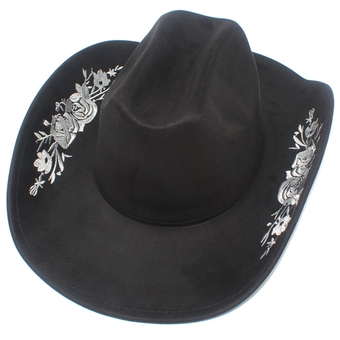Western Cowboy Hat Faux Suede Embroidered Floral Fedora Hat With Leather Belt Buckle For Men Women Outdoor Party Wear