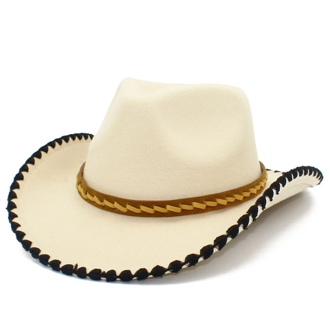 Vintage Western Cowboy Hat For Women Men Wide Brim Cotton Polyester Felt Fedora Hat With Braided Band For Party Travel