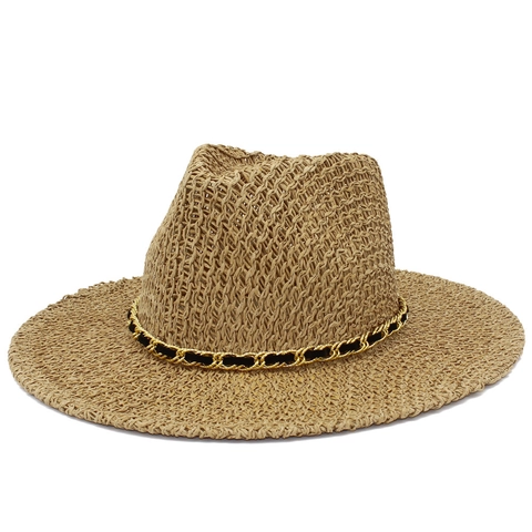 Summer Wide Brim Straw Fedora Hat Woven Paper Sun Hat With Gold Chain Decoration Breathable Beach Vacation Hat For Men Women