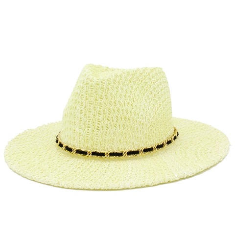 Summer Wide Brim Straw Fedora Hat Woven Paper Sun Hat With Gold Chain Decoration Breathable Beach Vacation Hat For Men Women