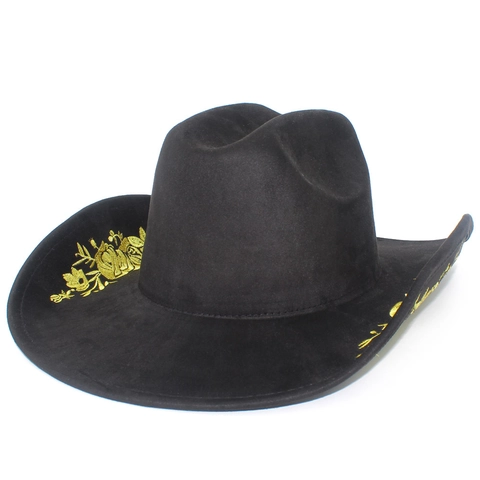 Cappello da Cowboy Occidentale Vintage Ricamo Floreale a Tesa Larga In Finta Pelle Scamosciata Jazz Fedora per Uomo Donna