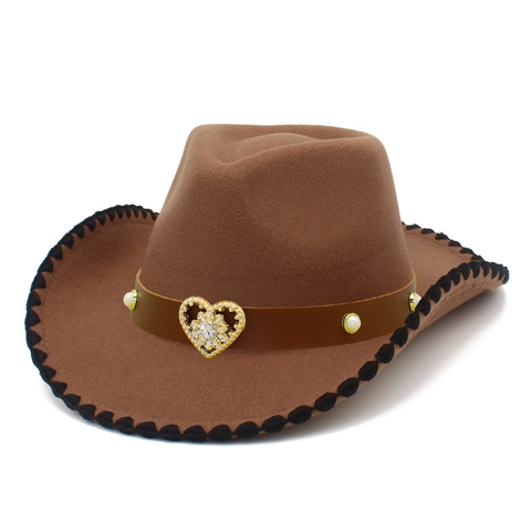 Cappello da Cowboy Western Donna Uomo Fibbia in Metallo a Cuore Decorazione con Künstliche Perle Cinturino in Ecopelle Cuciture a Contrasto Cappello Fedora