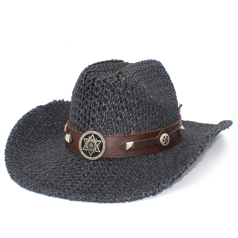 Western Cowboy Straw Hat Wide Brim Sun Protection Straw Hat With Leather Band And Metal Rivets For Men Women Summer Travel