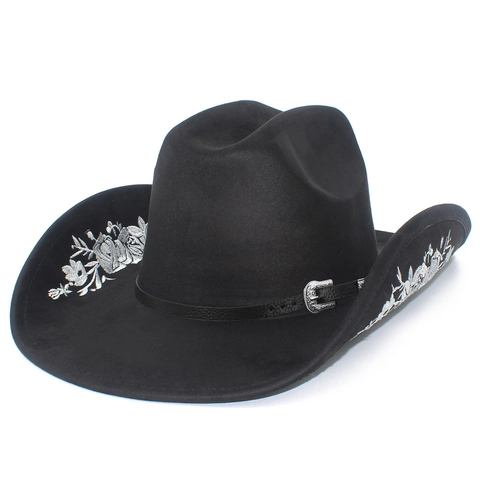 Western Cowboy Hat Faux Suede Embroidered Floral Fedora Hat With Leather Belt Buckle For Men Women Outdoor Party Wear