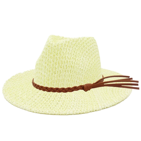 Women Elegant Wide Brim Straw Fedora Hat Breathable Paper Sun Hat With Woven Band Tassel For Summer Beach Travel Holiday